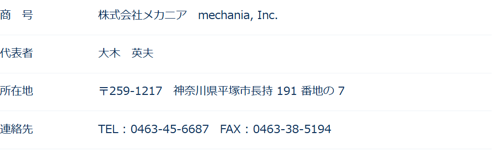 会社概要：商号、代表者、所在地、連絡先